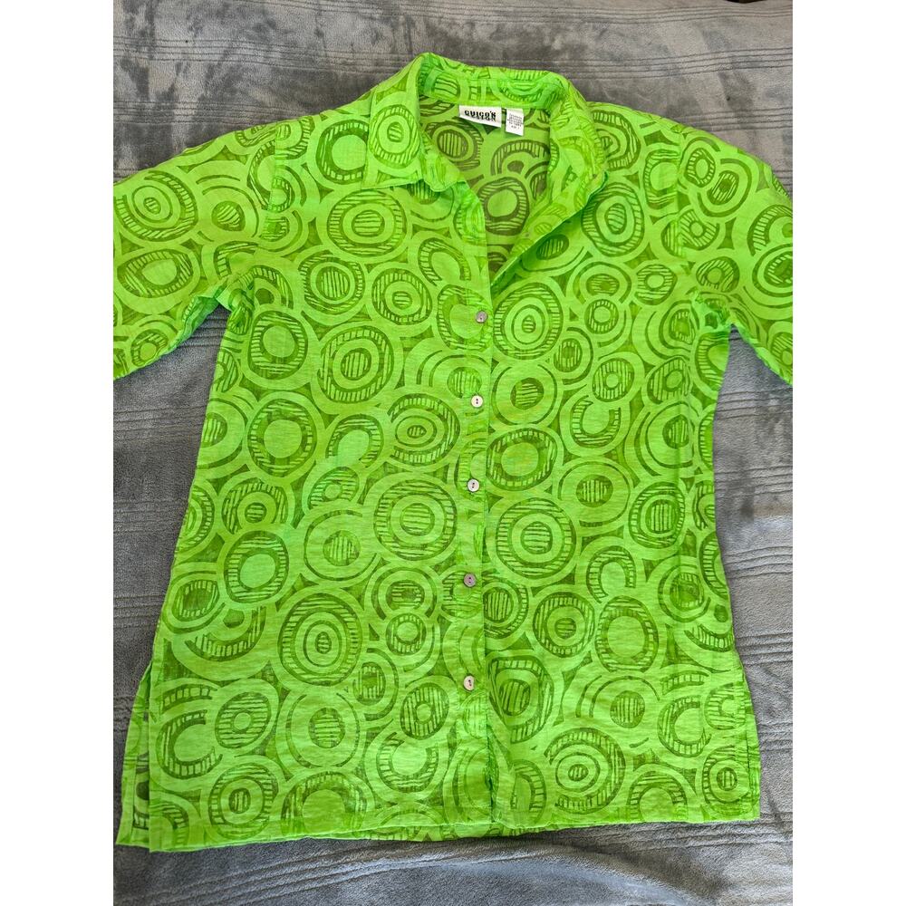 Vintage 90's Chico's Design Green Sheer 3/4 Sleeve Button Down Blouse Medium - Picture 6 of 12
